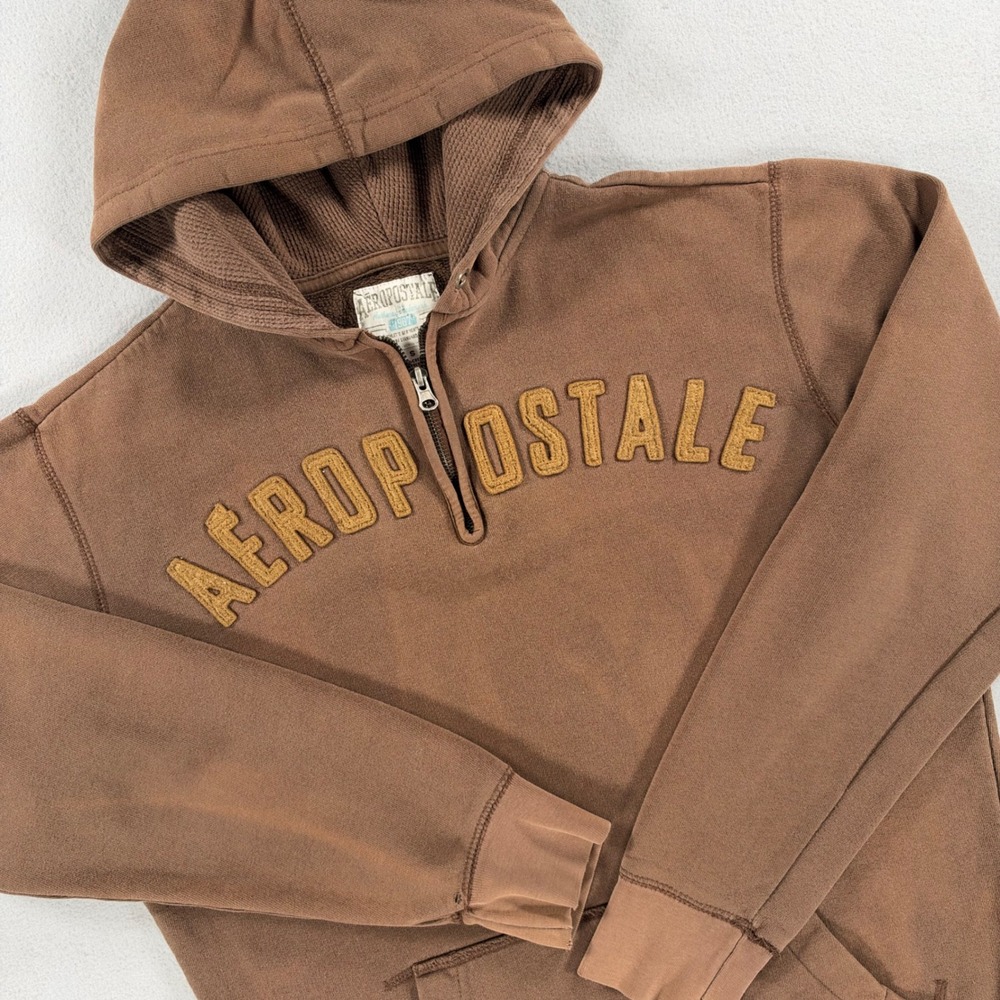 Aeropostale Hoodie Logo Applique Small Brown Quarter Zip Fleece